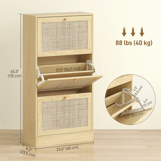 Rattan Shoe Storage Cabinet with 3 Flip Drawers – 24"W x 45"H