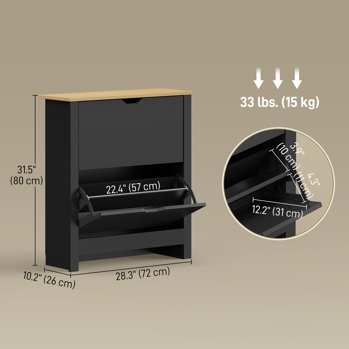 Shoe Storage Cabinet with 2 Flip Drawers – 28"W x 31"H
