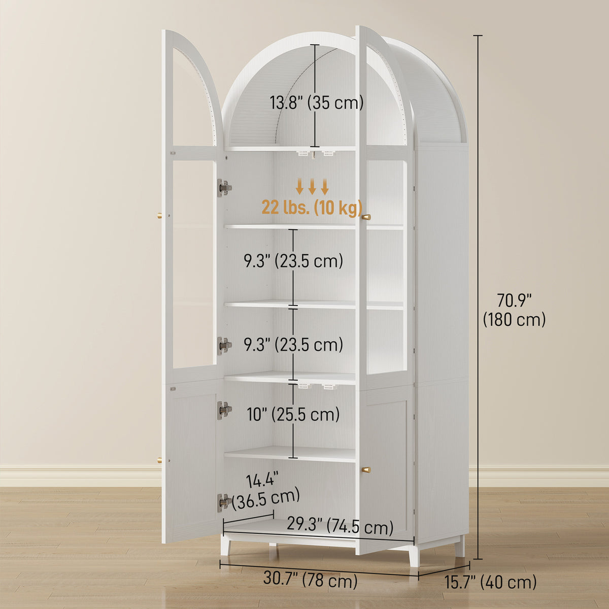 Farmhouse Kitchen Storage Cabinet with Acrylic Glass Doors – 31"W x 71"H