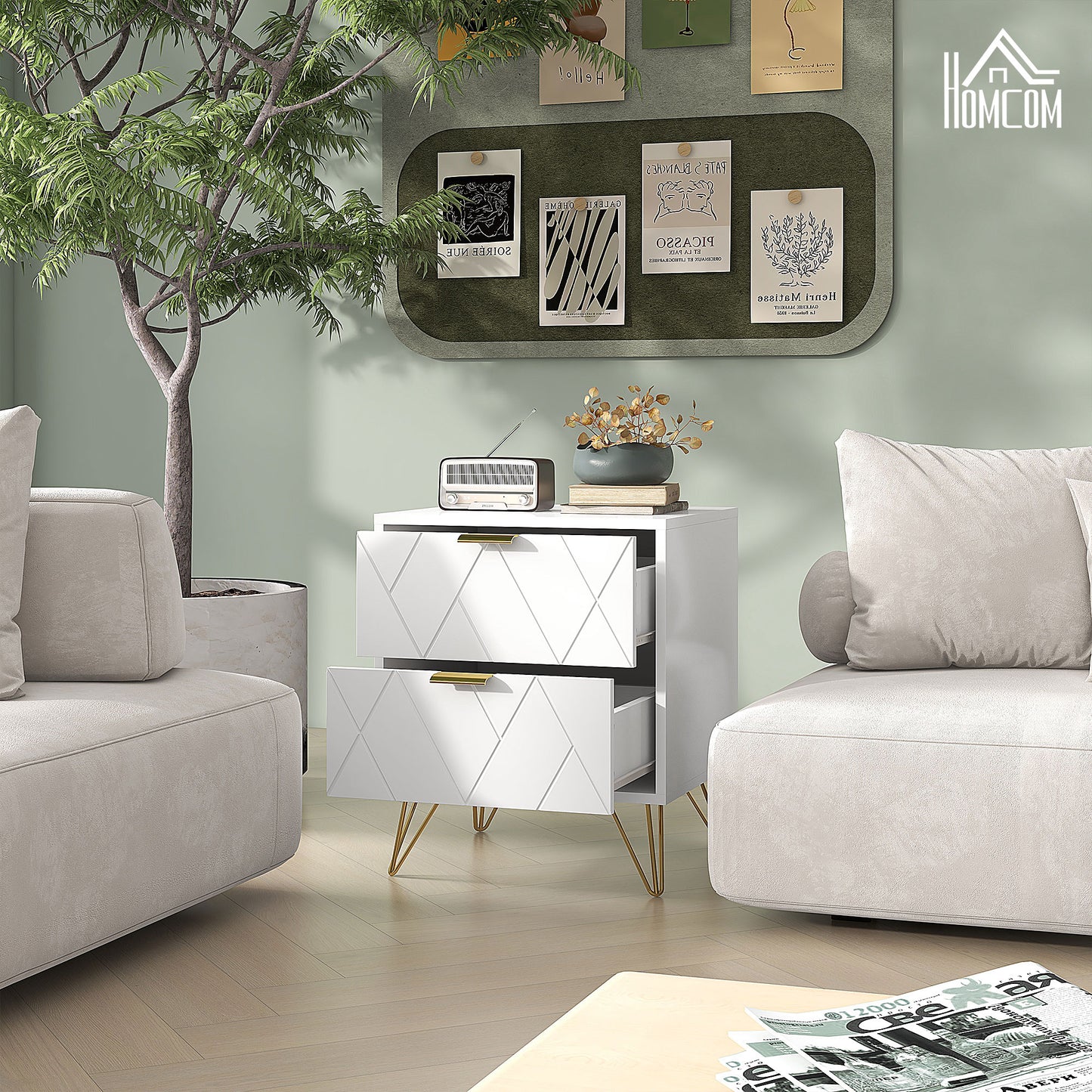 Modern White Bedside Table Accent Nightstand with 2 Storage Drawers, Hairpin Legs