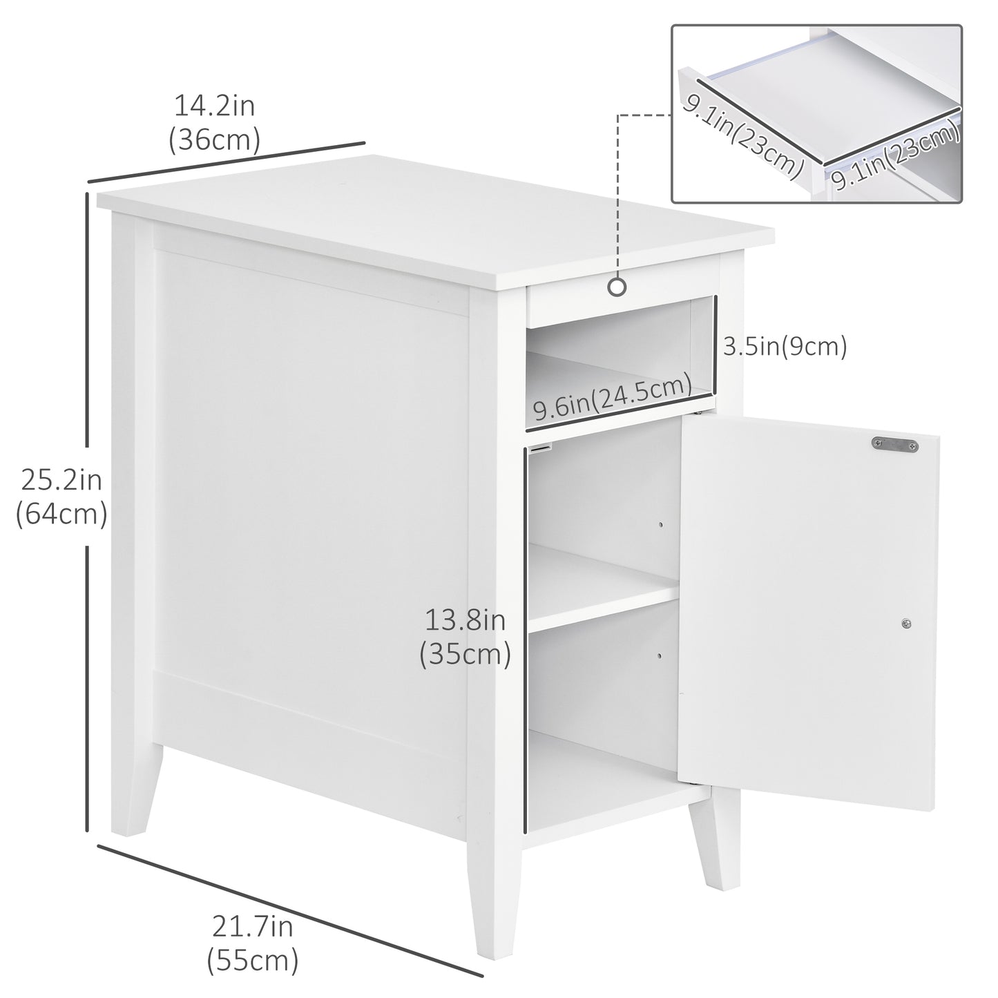 HOMCOM Modern 3-Tier Nightstand with Pullout Shelf, Adjustable Cabinet, White Wood