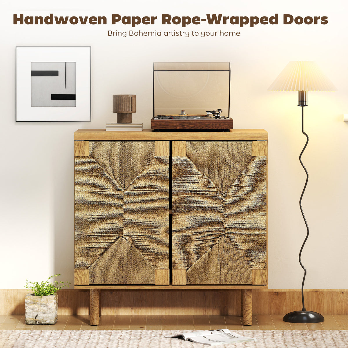 Boho Rope-Weave Sideboard with Push-to-Open Doors – 31"W x 31"H