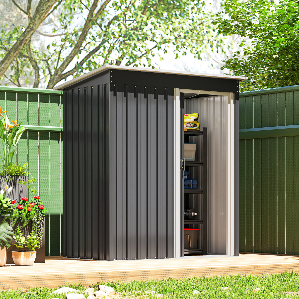 5 x 3 FT Outdoor Storage Shed with Sliding Door and Sloped Roof, Steel Frame Garden Shed Tool Equipment – Black