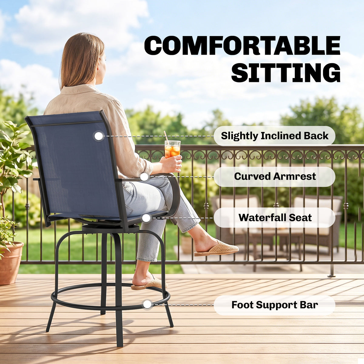 Outdoor Bar Stools Set of 2, 360° Swivel Bar Height Chairs, 26.8" x 29.5" x 48.4", Tan – Navy Blue