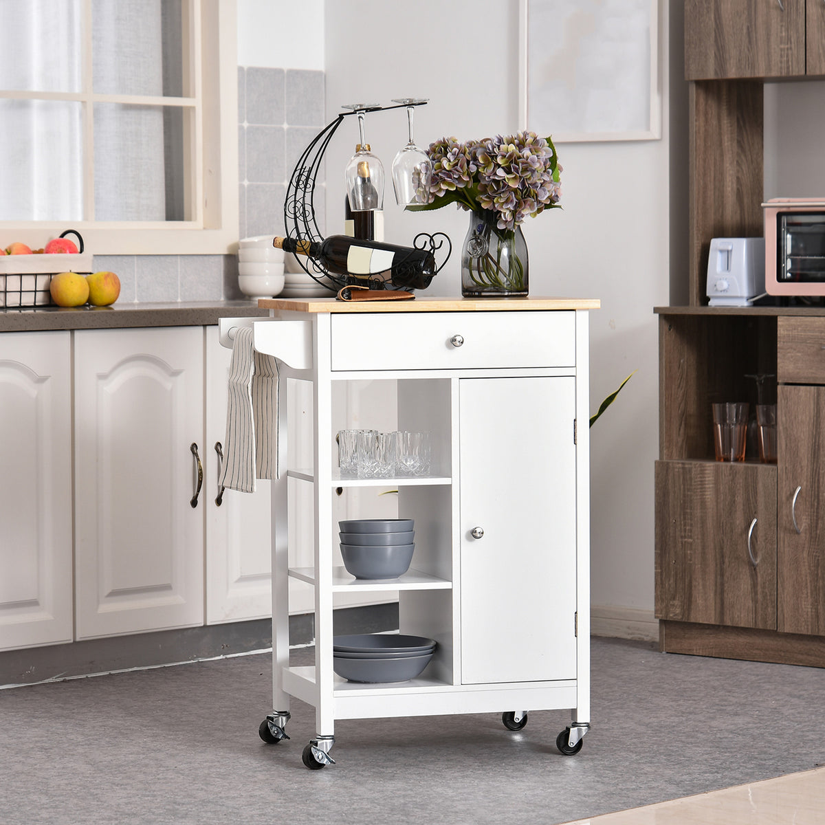 Modern Rolling Kitchen Island Cart with Drawer – 26"W x 34"H
