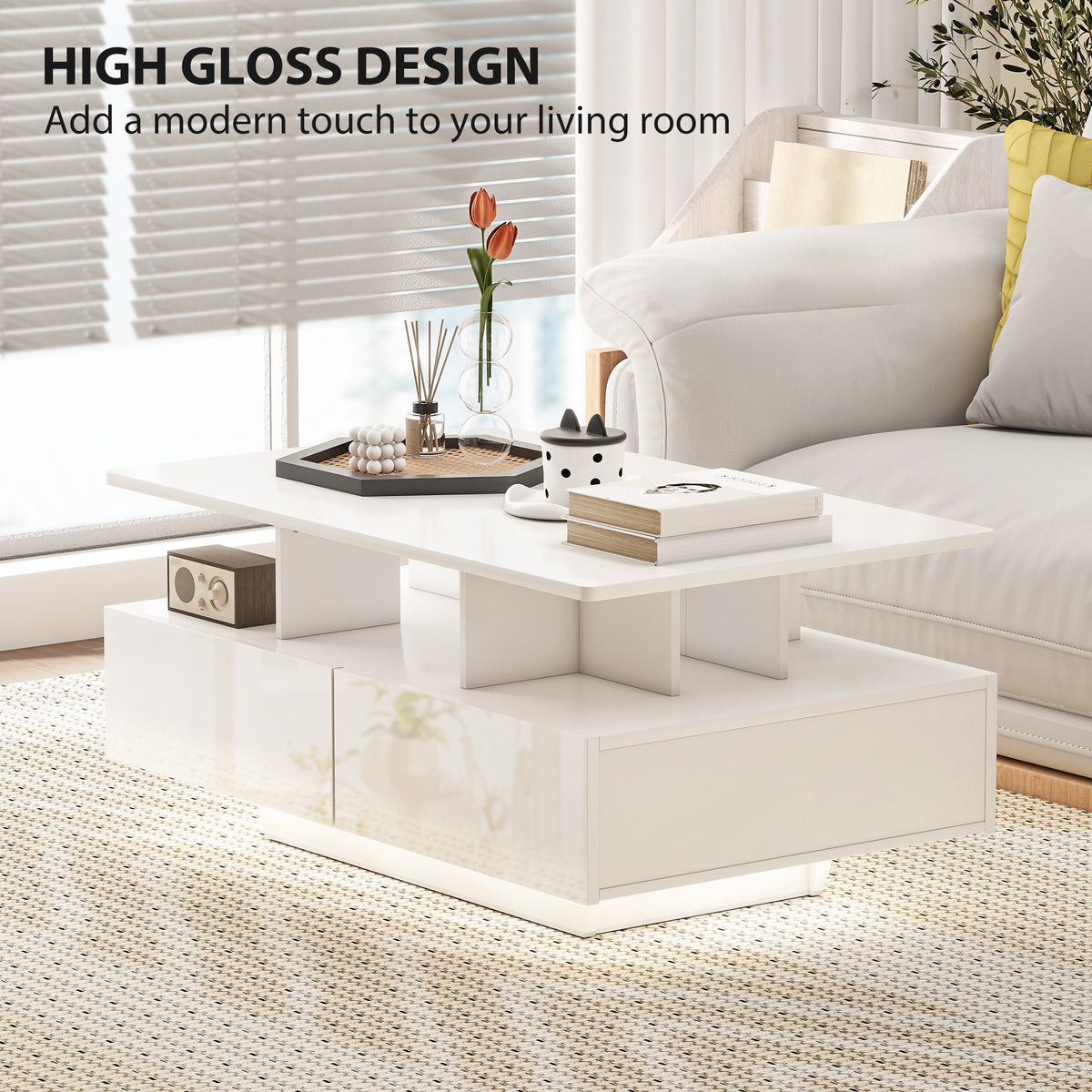 RGB LED Coffee Table with 4 Drawers and Open Shelf, High Gloss White