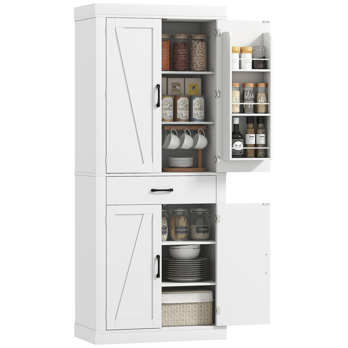 Farmhouse Kitchen Storage Cabinet with 4 Barn Doors – 30"W x 72"H