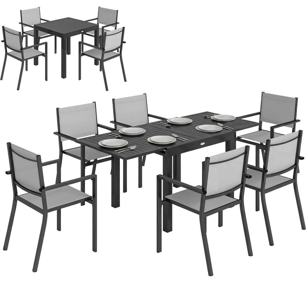 7 Pieces Outdoor Dining Set, Aluminum Patio Table and Chairs Set for 6 with Extendable Tabletop and Stackable Chairs