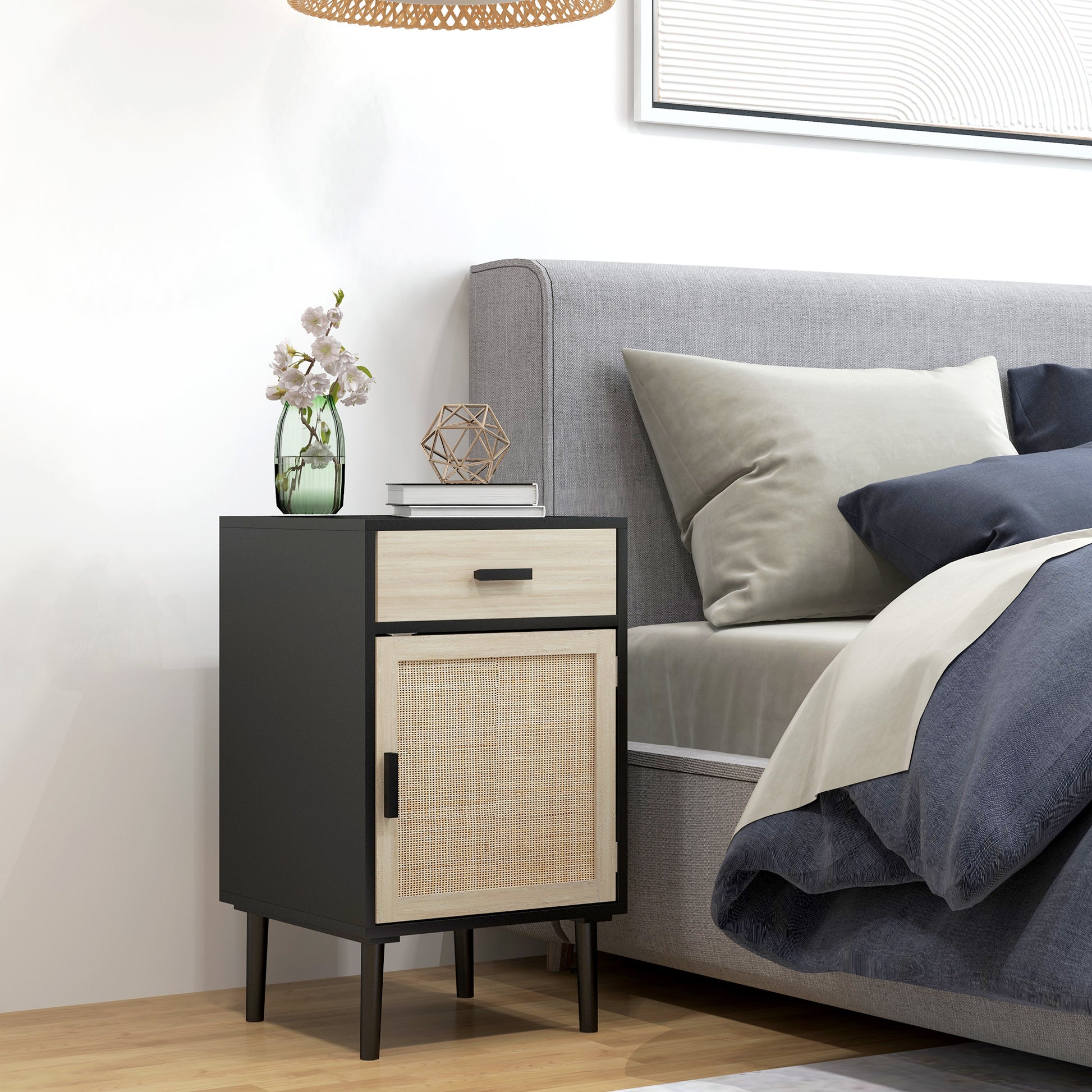 Elegant Dual Boho Rattan Nightstands with Drawer, Adjustable Shelf, Black Finish