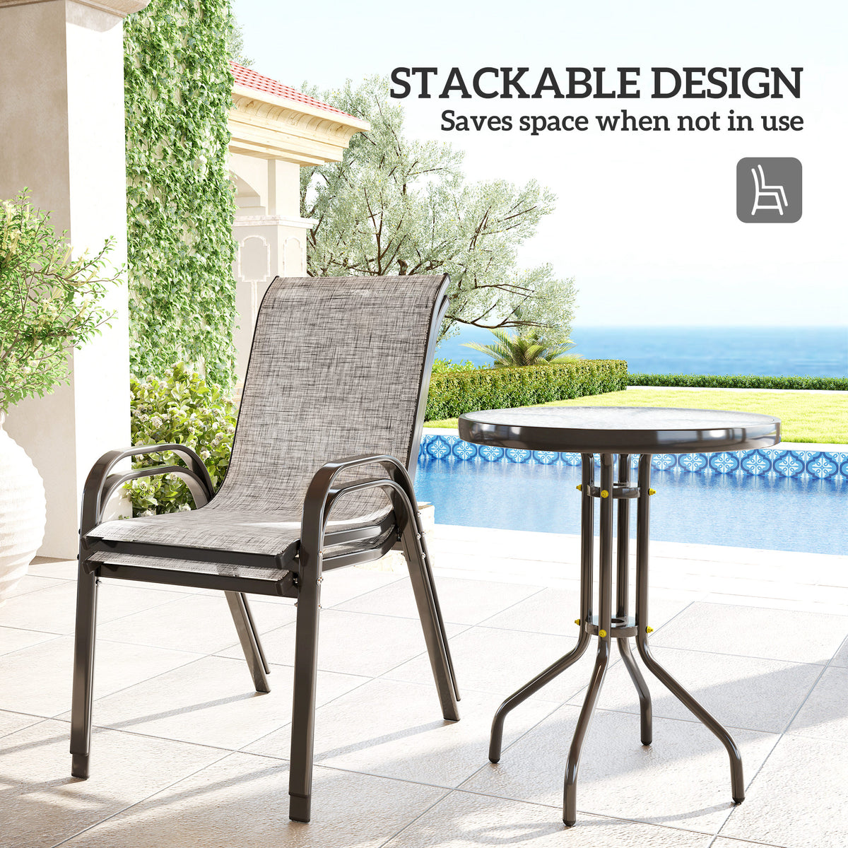 3 Pieces Bistro Set, Small Patio Furniture Set with Stackable Mesh Chairs, Glass Table for Garden, Balcony – Grey