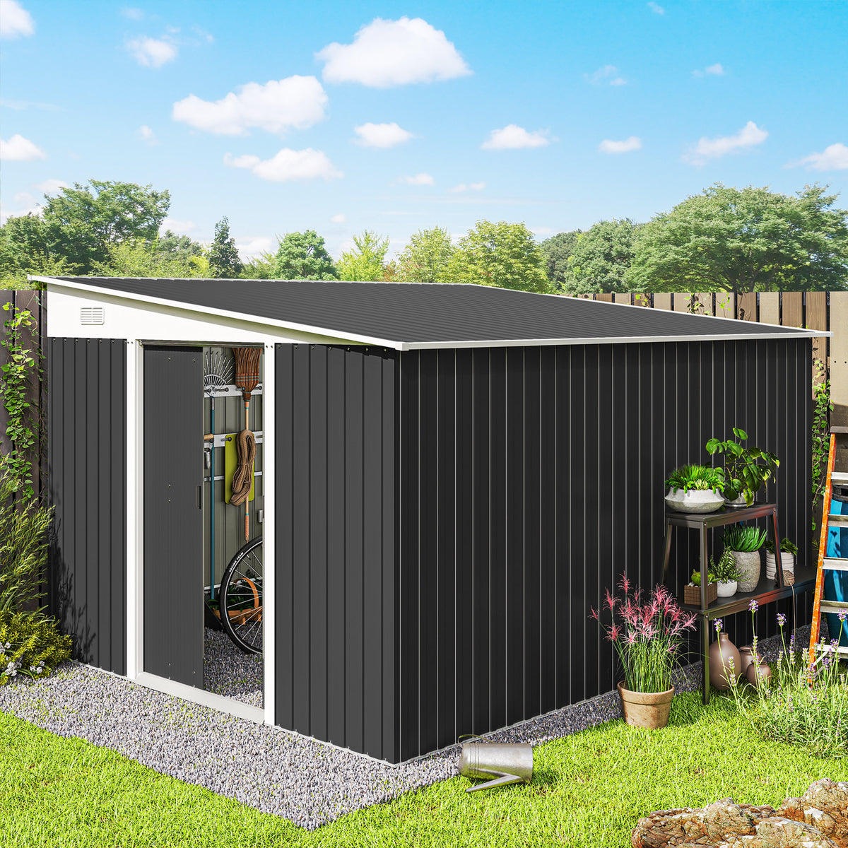 11' x 9' Steel Garden Storage Shed, Outdoor Metal Tool House with Double Sliding Doors – Dark Grey