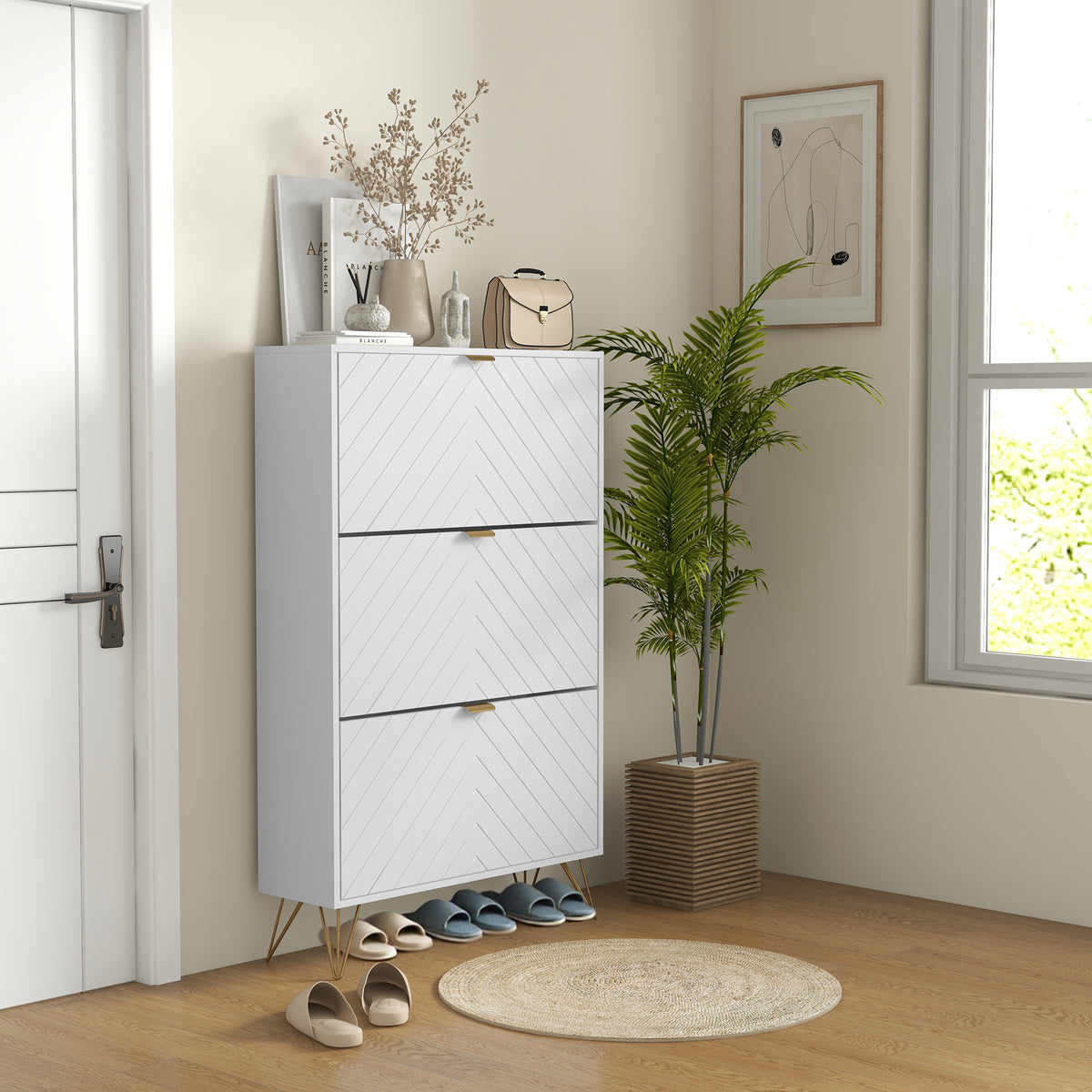 Modern Shoe Storage Cabinet with 3 Flip Drawers – 31"W x 50"H
