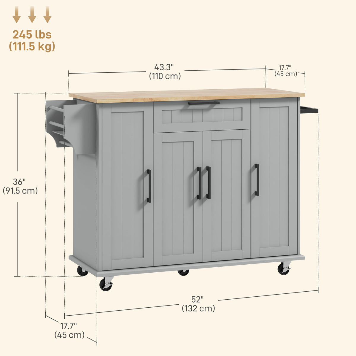 Modern Rolling Kitchen Island Cart with Drawers – 52"W x 36"H