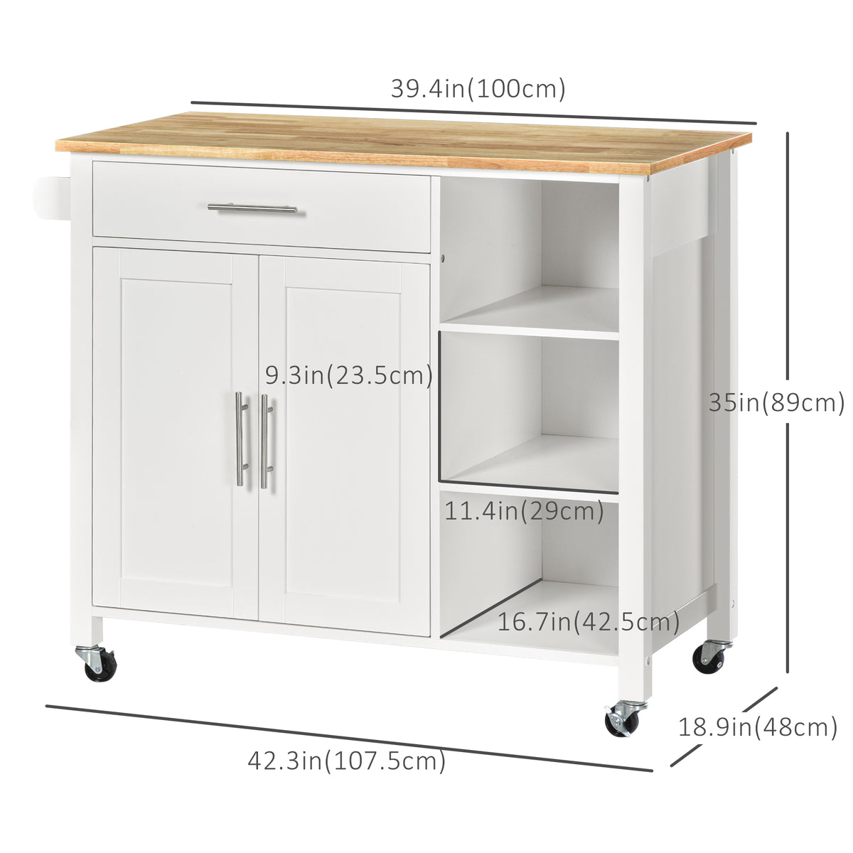 Rolling Kitchen Island with Drawer and Swivel Wheels – 42"W x 35"H