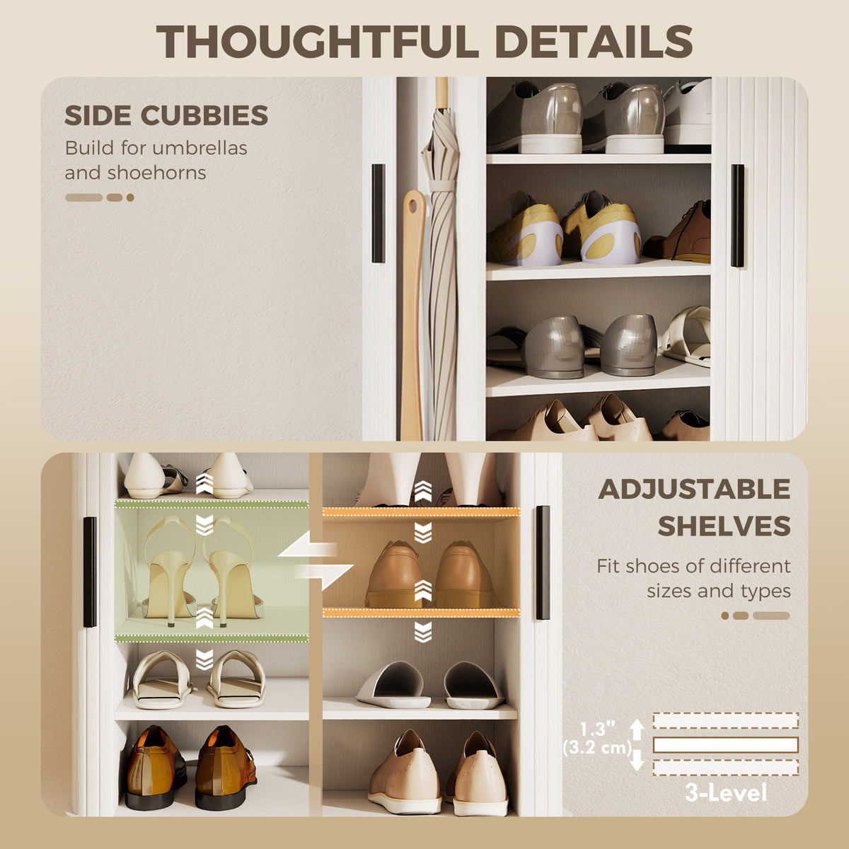Shoe Cabinet with Tambour Door and Side Cubbies – 31"W x 37"H