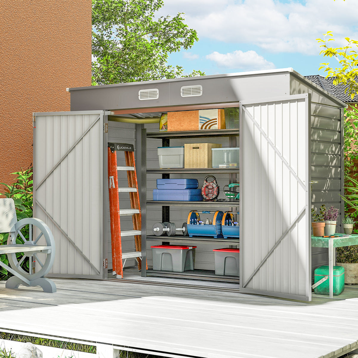 8 x 4FT Galvanized Garden Storage Shed, Metal Outdoor Shed with Double Doors and 2 Vents – Light Grey