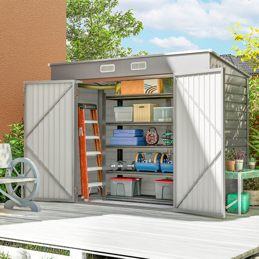 8 x 4FT Galvanized Garden Storage Shed, Metal Outdoor Shed with Double Doors and 2 Vents – Light Grey