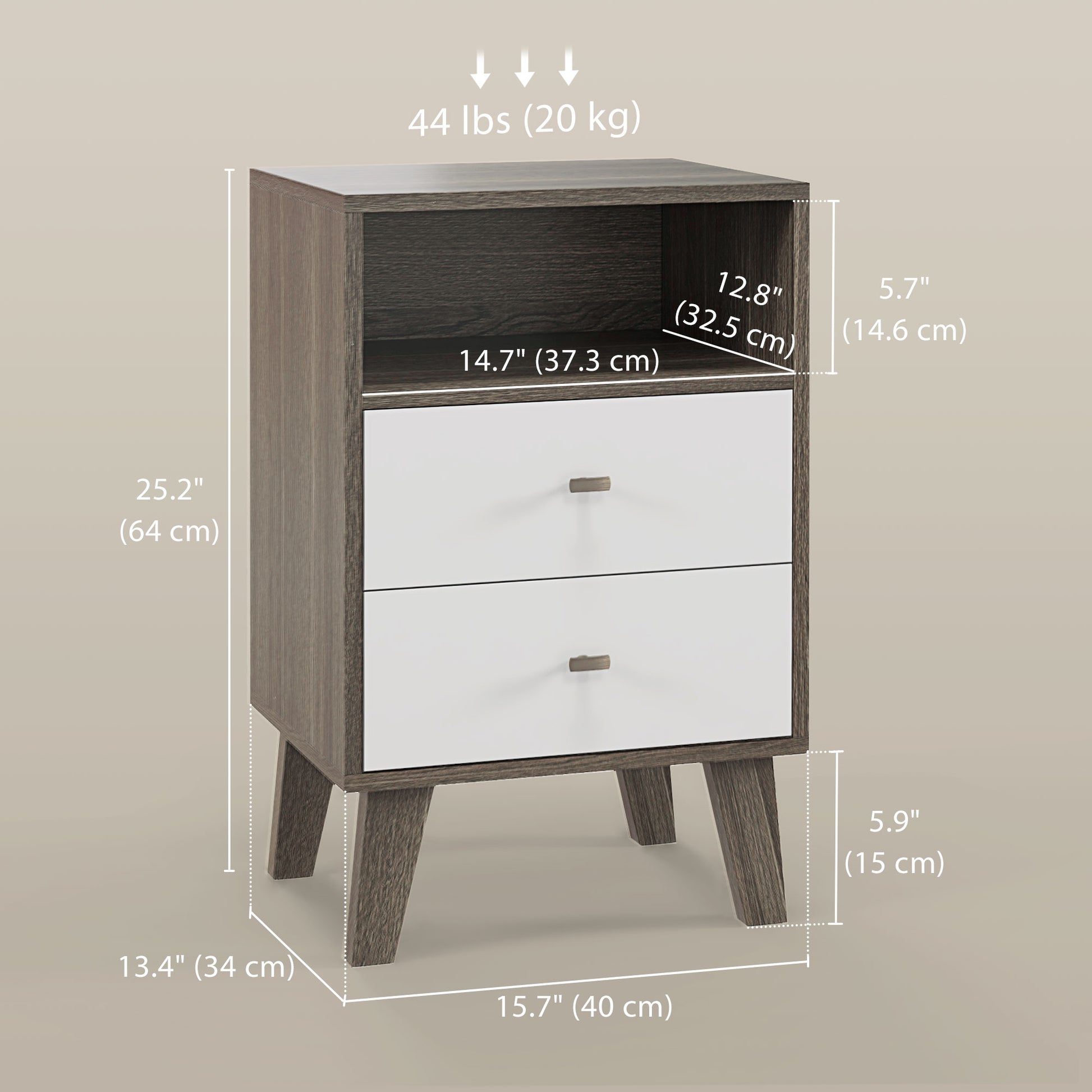 HOMCOM Modern Grey White Nightstand Set, 3 Drawers, Open Storage