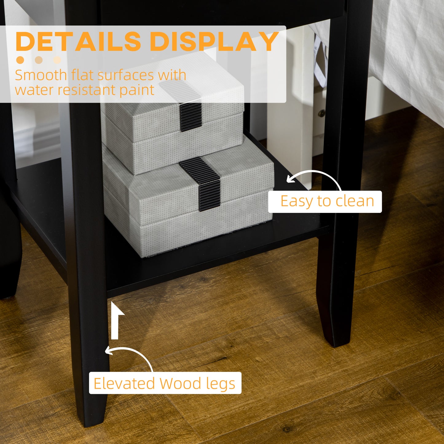 HOMCOM Modern Black 2-Tier Side Table with Drawer and Open Storage Shelf