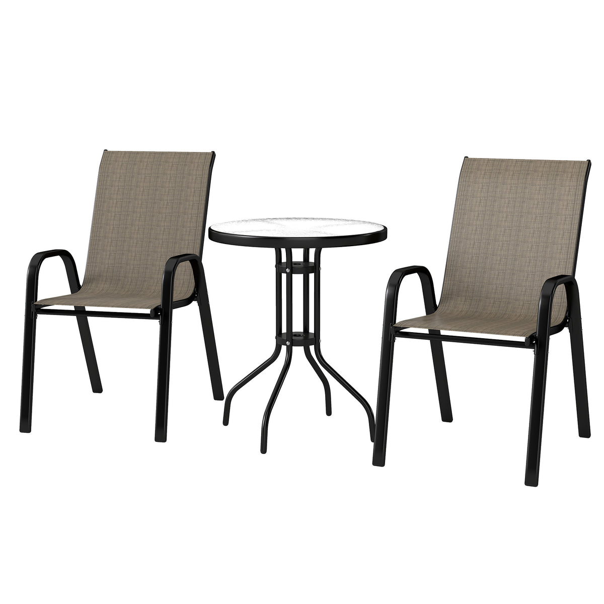 3 Pieces Bistro Set, Small Patio Furniture Set with Stackable Mesh Chairs, Glass Table for Garden, Balcony – Mixed Brown