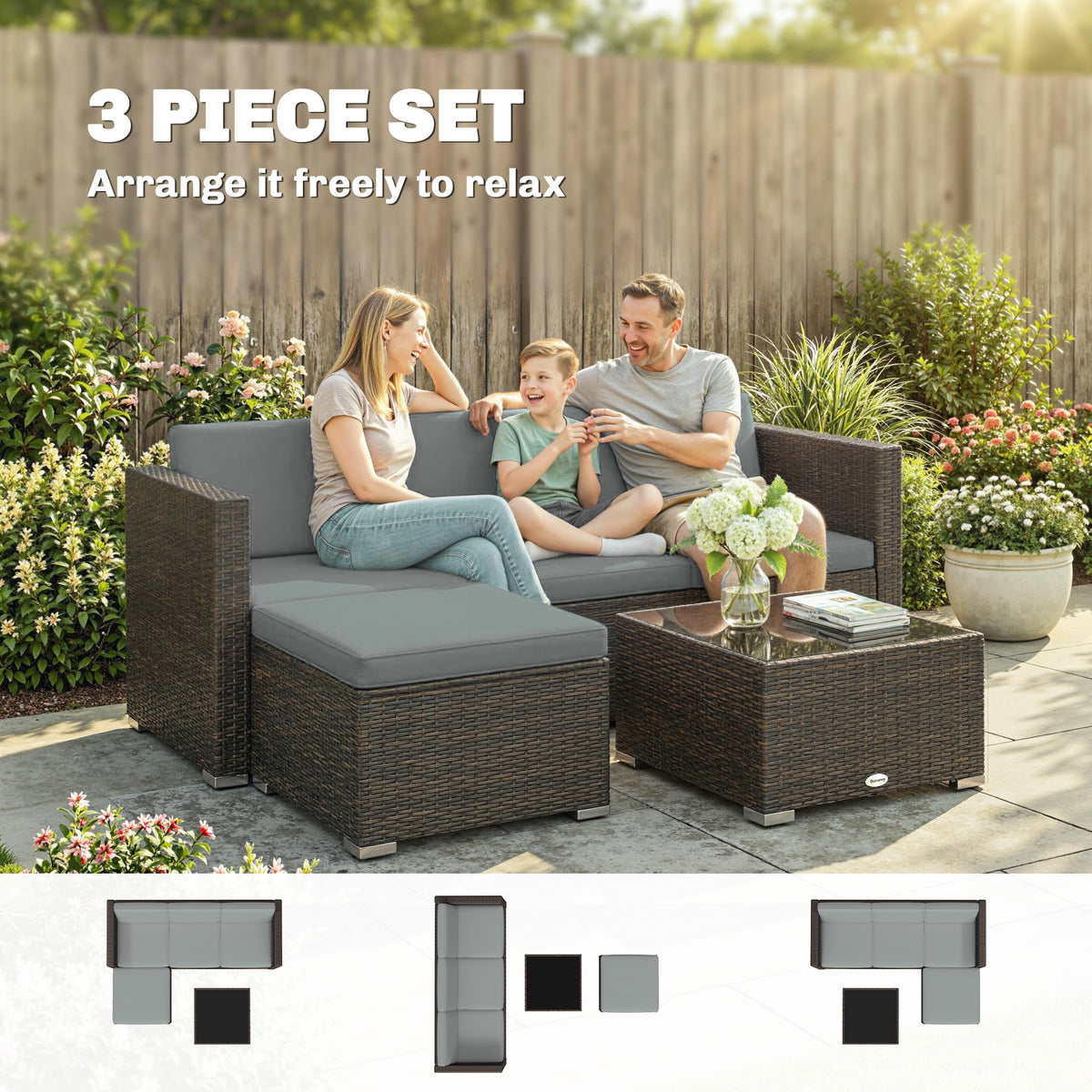 3 Pieces Patio Furniture Set with Cushions, Outdoor PE Rattan Wicker Conversation Corner Sofa Set with Glass Top Table – Brown, Light Grey