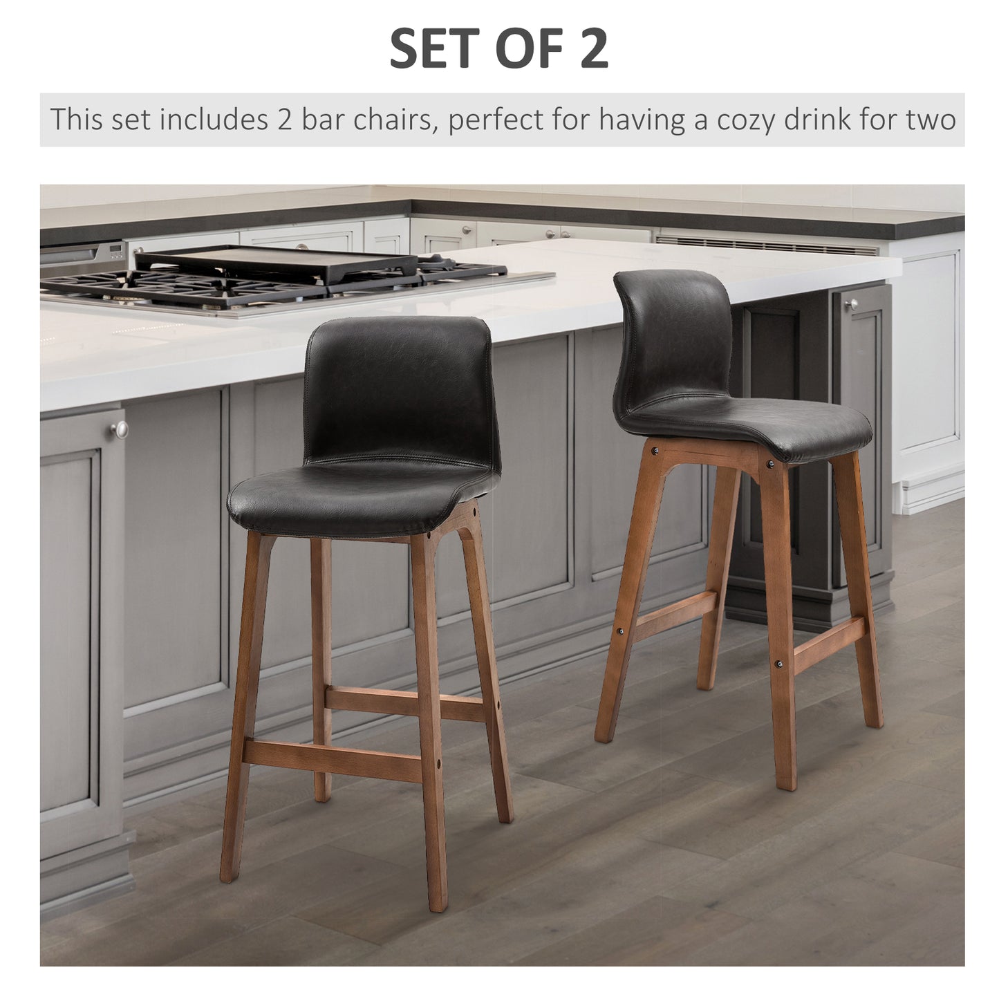 HOMCOM Modern Counter Height Bar Stools, Brown Faux Leather, Two-Piece Set