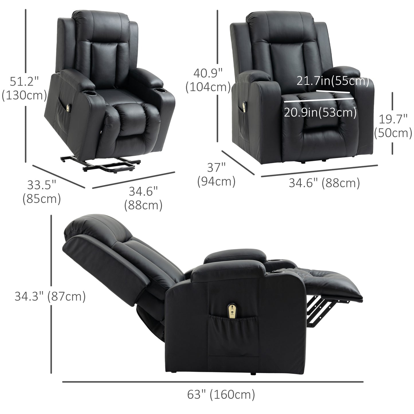 HOMCOM Electric Power Lift Recliner Chair, Black PU Leather, Footrest, Cup Holders
