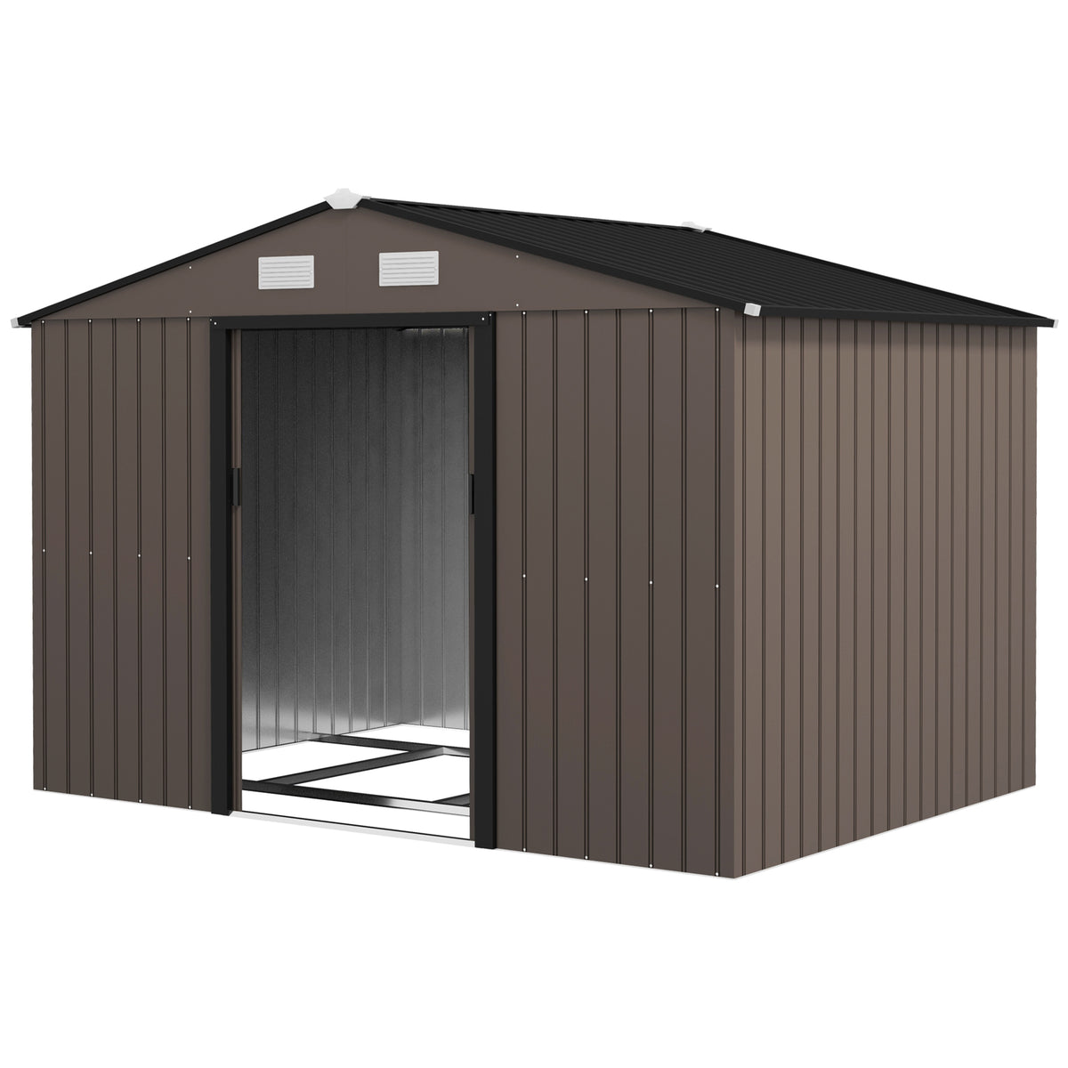 9.1'x6.4'x6.3' Garden Storage Shed, Outdoor Storage Tool House with Vents, Foundation and Lockable Double Doors – Brown