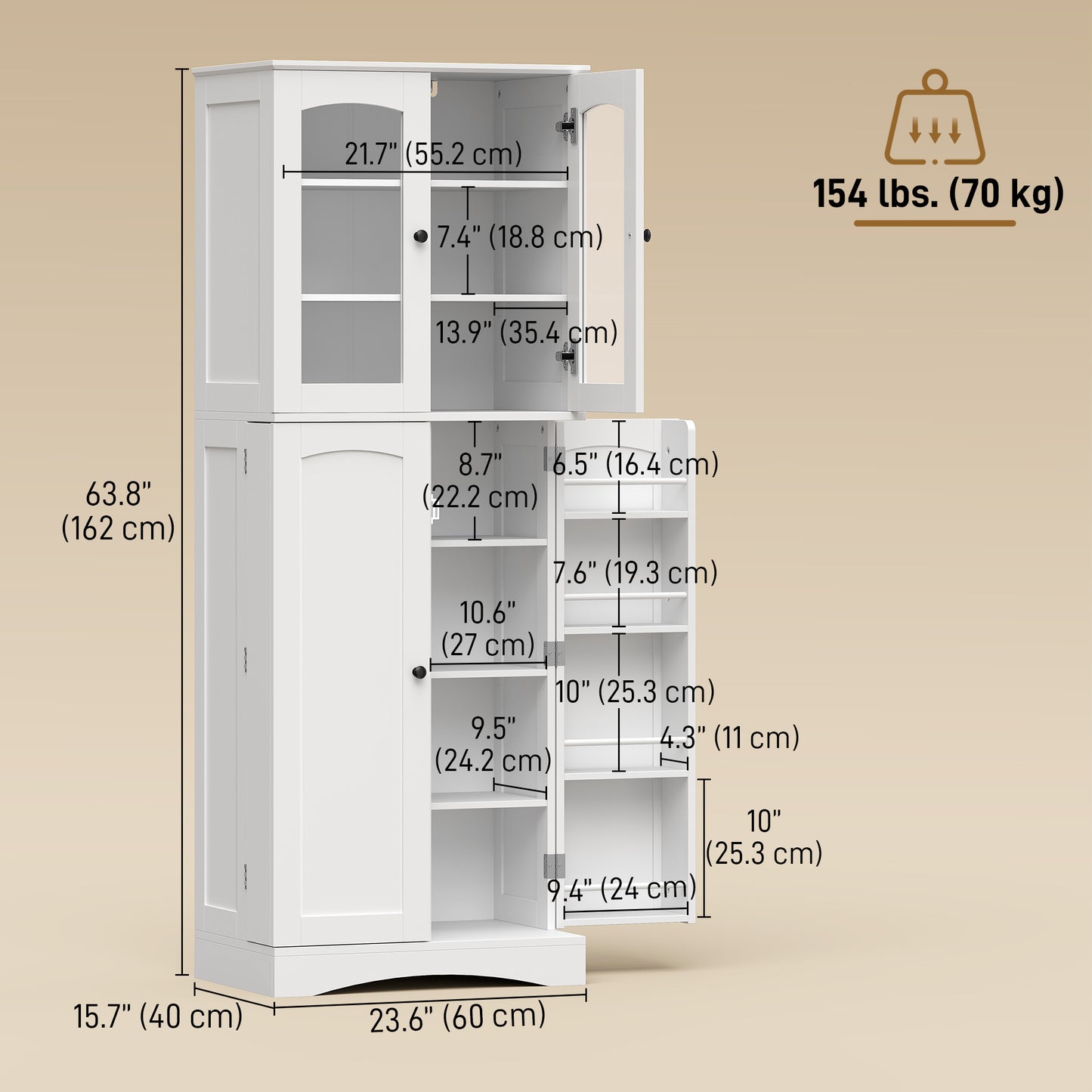 HOMCOM Kitchen Pantry Cabinet Soft‑Close Acrylic Doors, White, 64" Tall