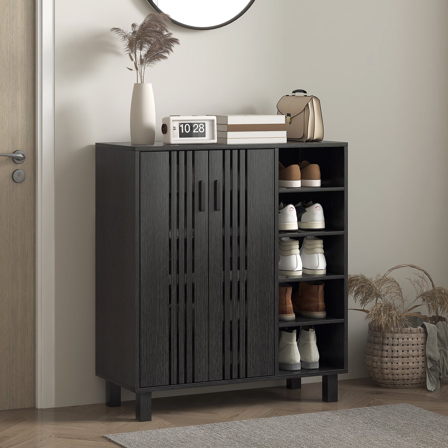 HOMCOM Black Entryway Shoe Storage Cabinet with Double Doors & Open Shelves
