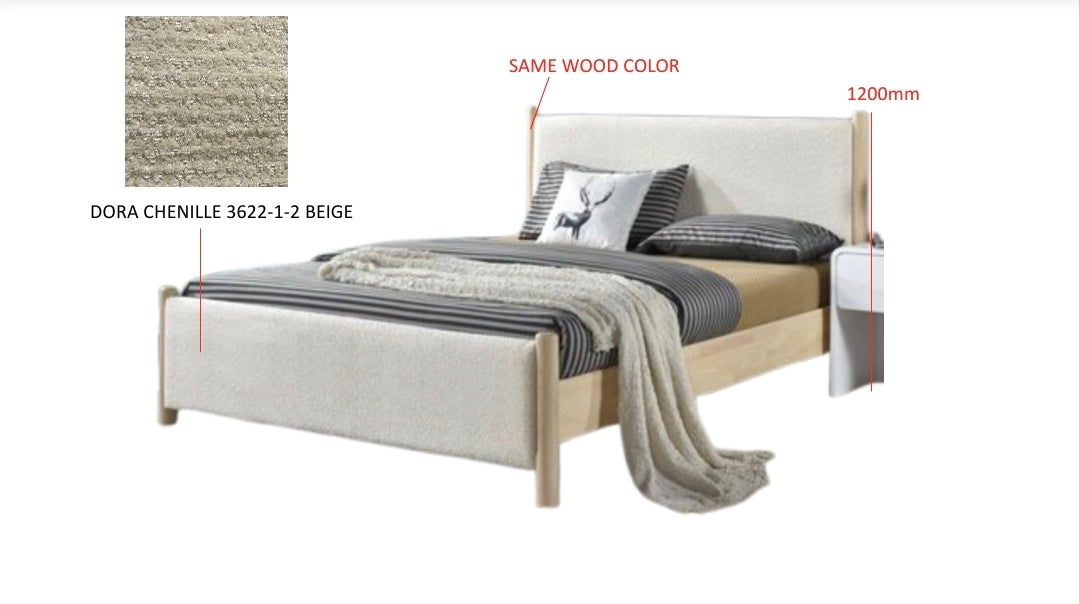 Callala Chenille Upholstered Bed with Solid Rubberwood Frame