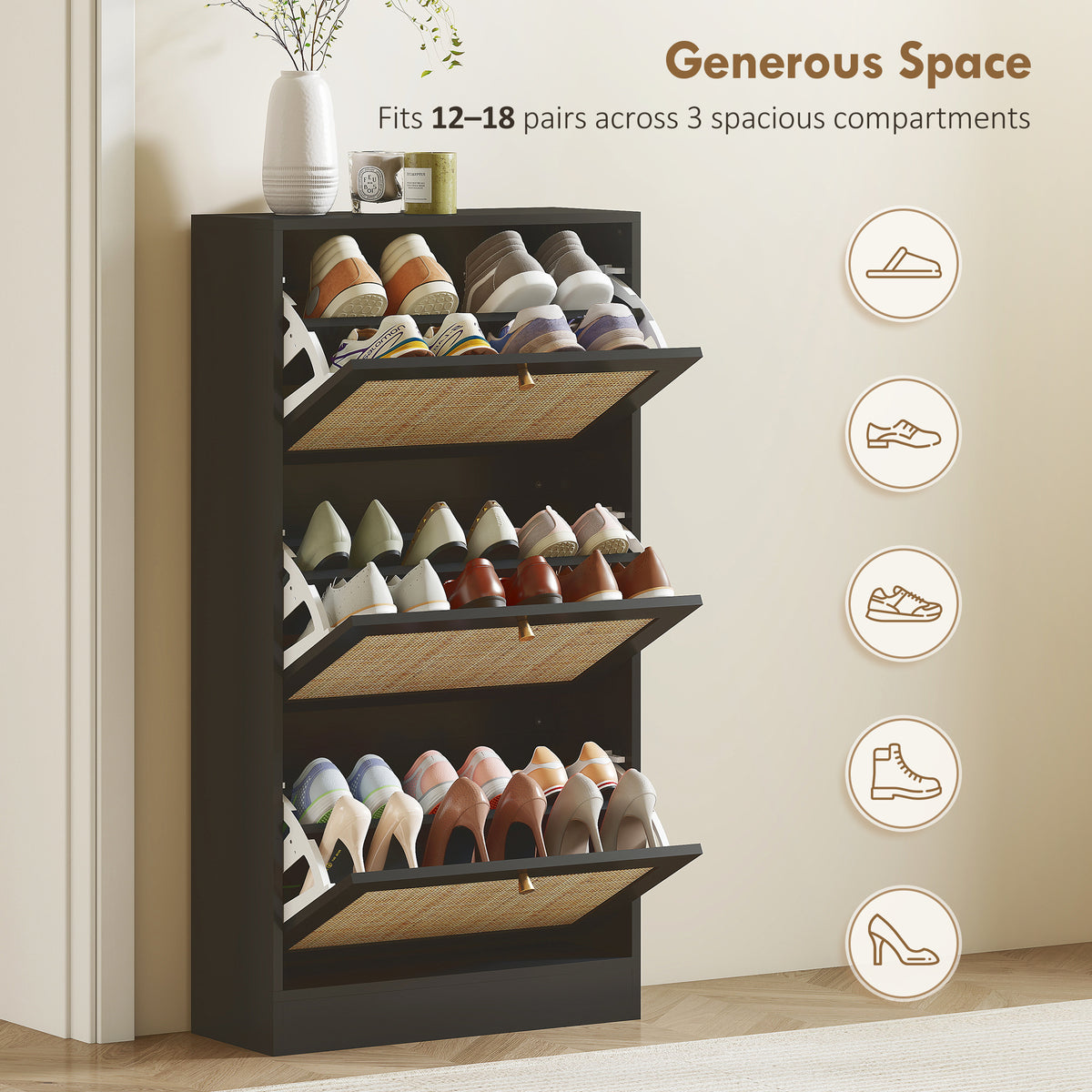 Rattan Shoe Storage Cabinet with 3 Flip Drawers – 24"W x 45"H