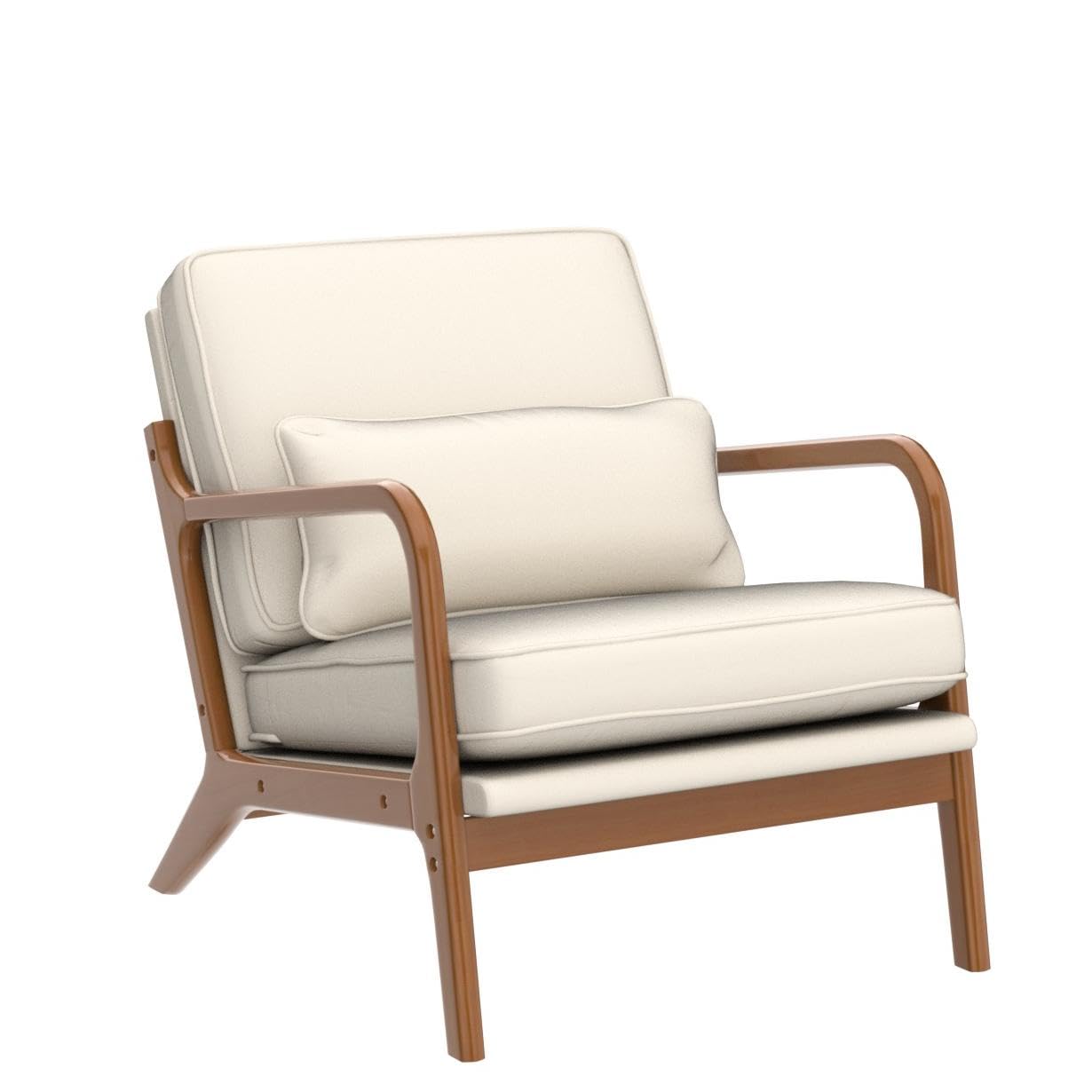 home Accent Chair Mid-Century Modern Chair with Pillow Upholstered Lounge Arm Chair with Solid Wood Frame & Soft Cushion for Living Room, Bedroom, Balcony, Linen Beige (Low Back)