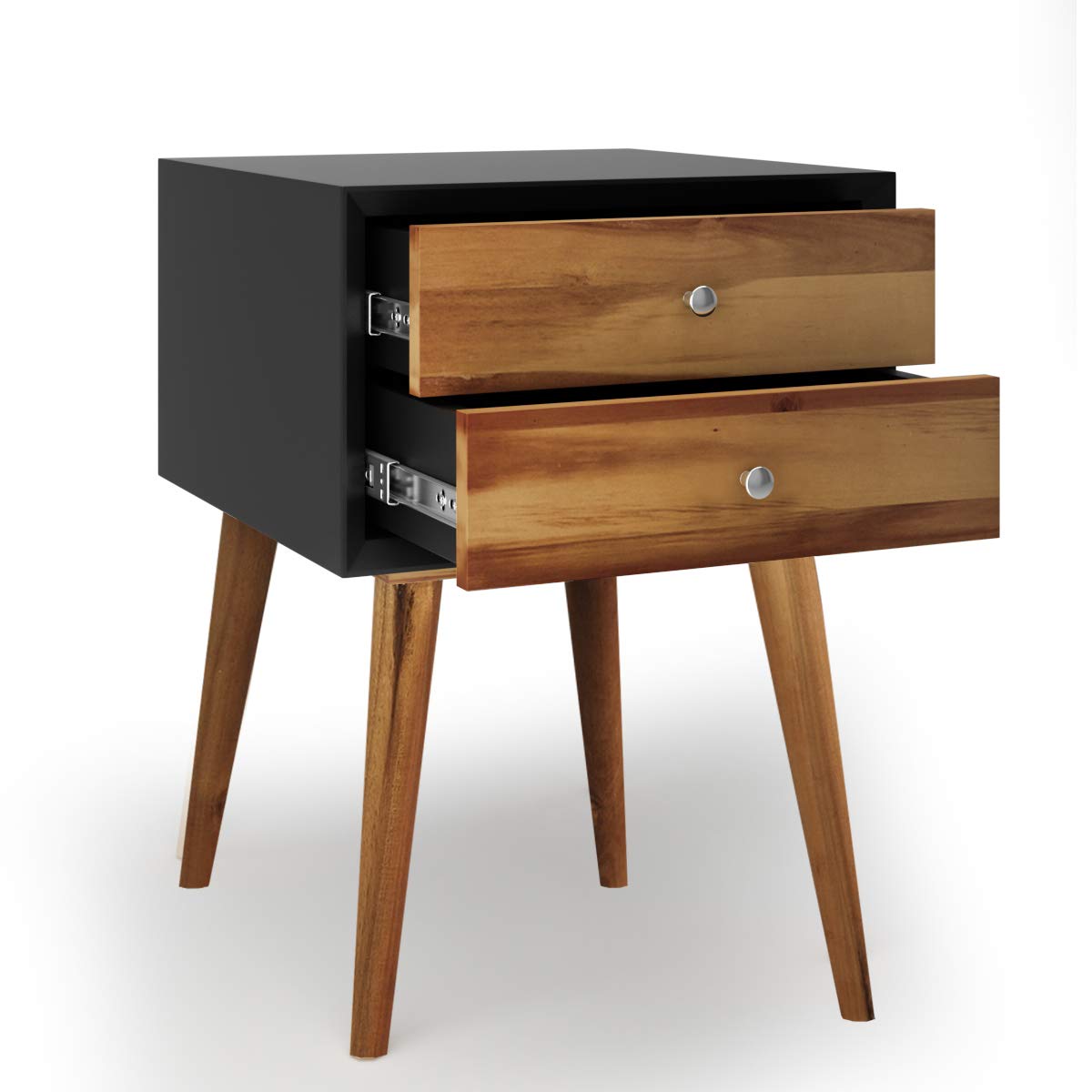 Nightstand with 2 Drawers, Bedside Table with Solid Wood Legs, Mid Century Modern End Side Table for Living Room, Bedroom, Small Space (2, Black)