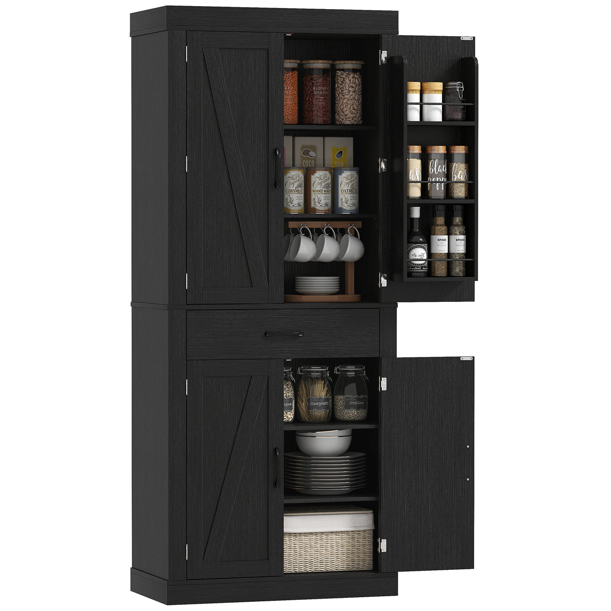 Farmhouse Kitchen Storage Cabinet with 4 Barn Doors – 30"W x 72"H