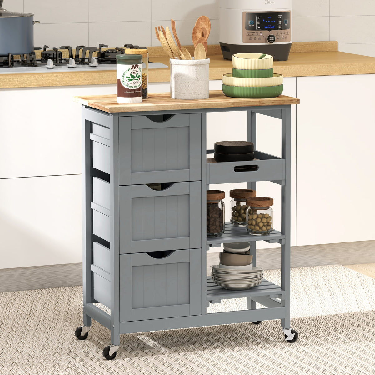 Rolling Kitchen Island Cart with Wood Top – 26"W x 34"H