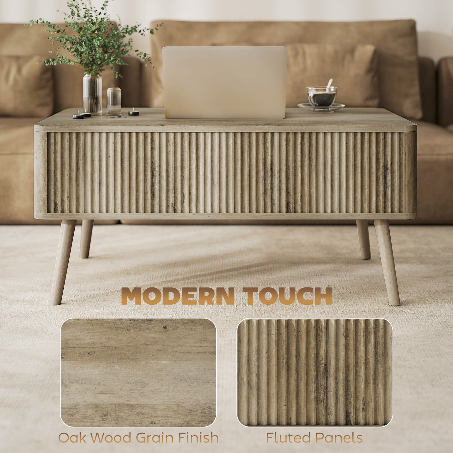 HOMCOM Modern Oak Lift Top Coffee Table with Hidden Storage, Pine Wood Legs