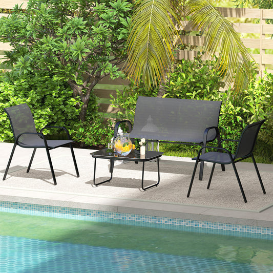 4 Pieces Outdoor Furniture Set with 2 Stackable Chairs, Loveseat, Patio Conversation Set with Glass Coffee Table