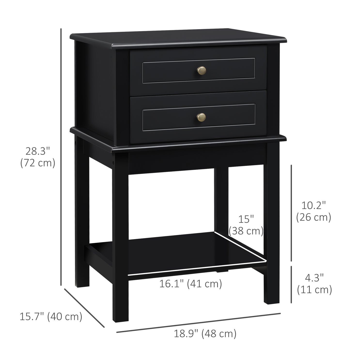 HOMCOM Modern Black Sofa Side Table with Drawers & Storage Shelf