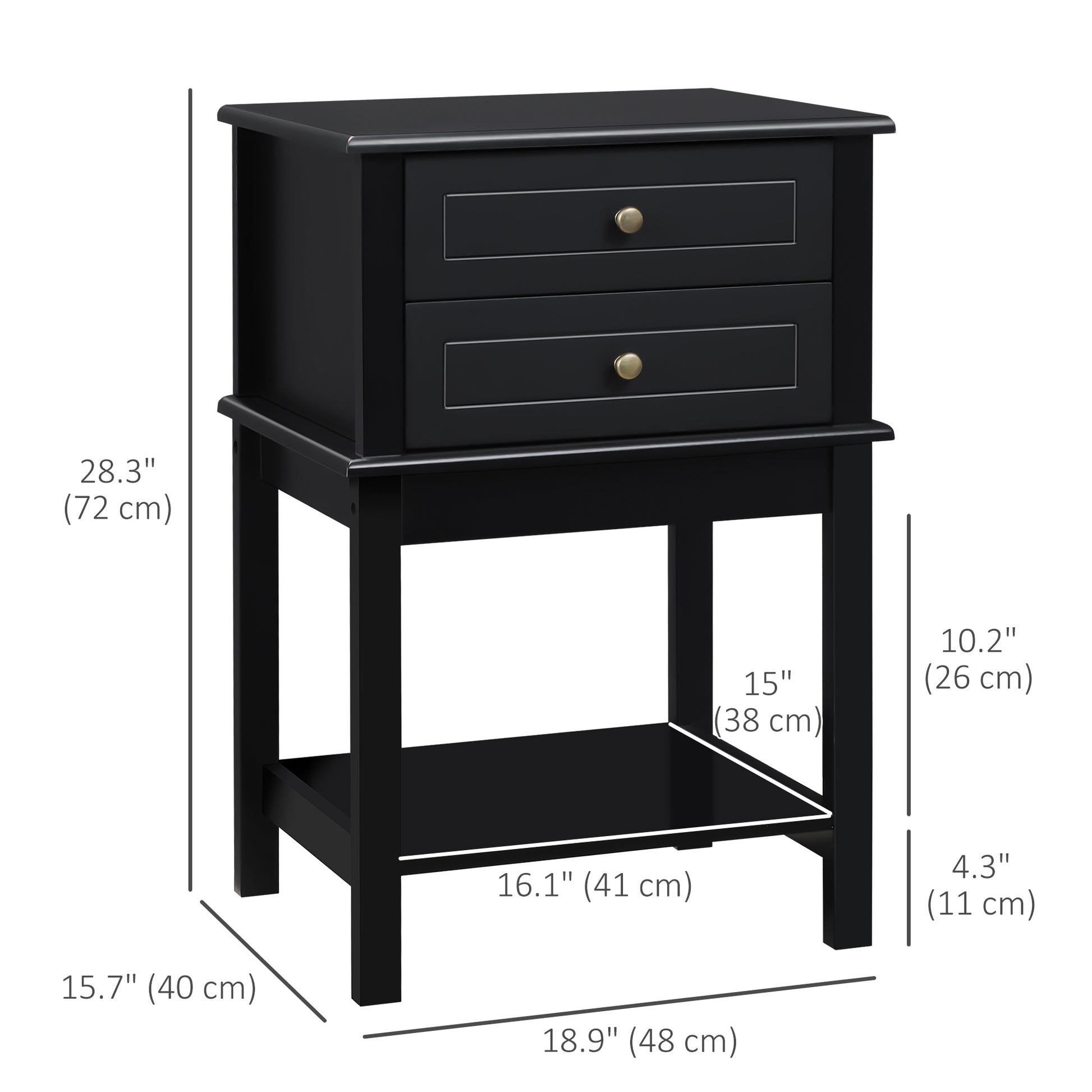 HOMCOM Modern Black Sofa Side Table with Drawers & Storage Shelf
