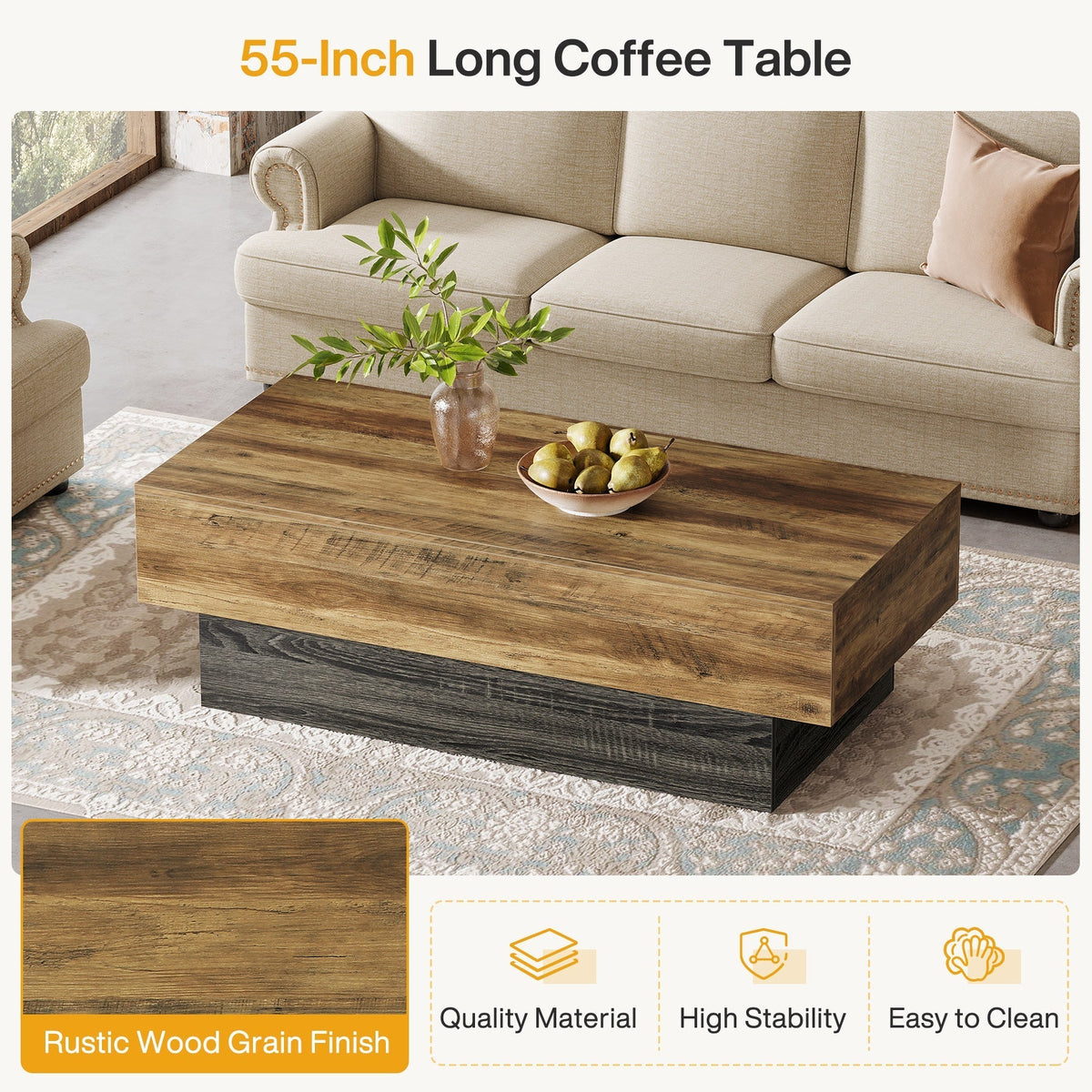55" Coffee Table, Farmhouse Center Table Tea Table with Sturdy Pedestal