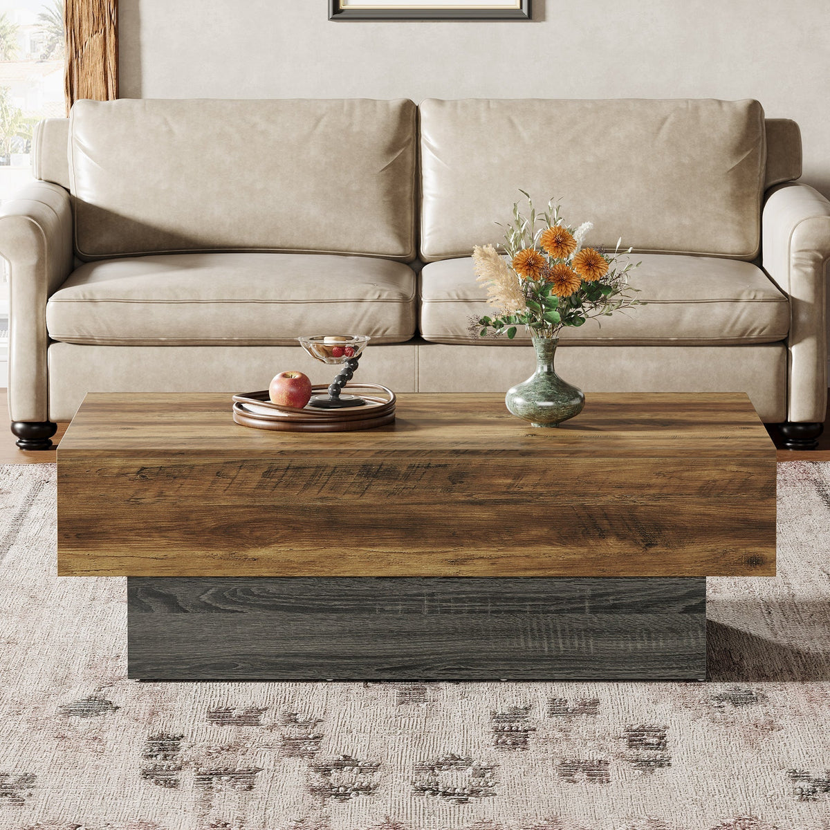 55" Coffee Table, Farmhouse Center Table Tea Table with Sturdy Pedestal