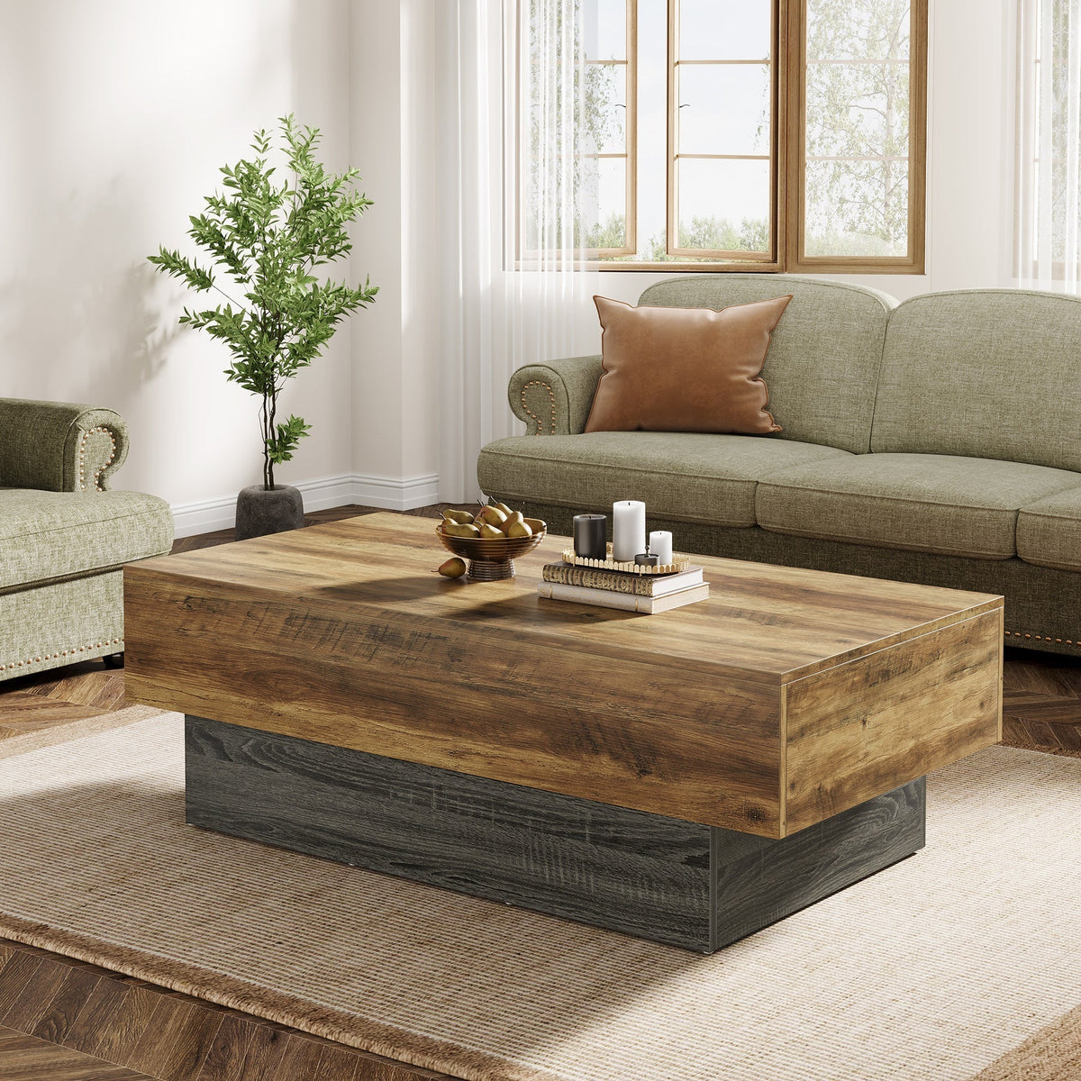 55" Coffee Table, Farmhouse Center Table Tea Table with Sturdy Pedestal