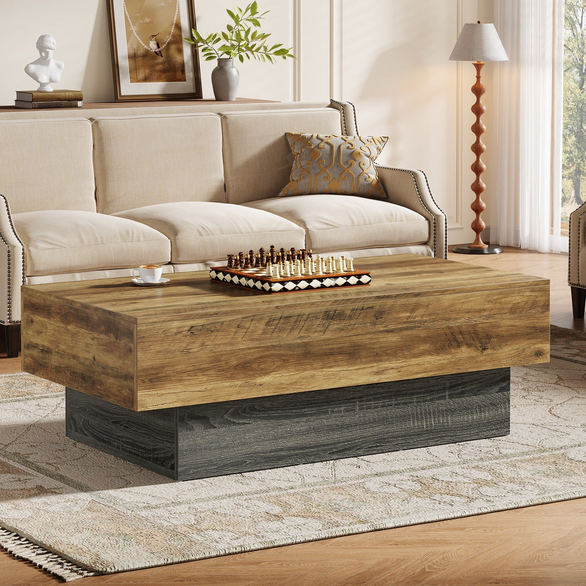 55" Coffee Table, Farmhouse Center Table Tea Table with Sturdy Pedestal