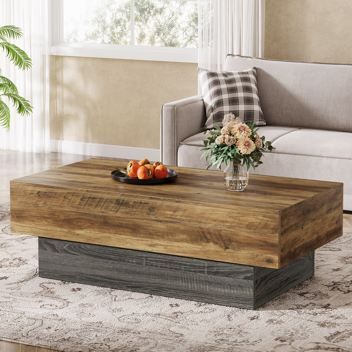 55" Coffee Table, Farmhouse Center Table Tea Table with Sturdy Pedestal