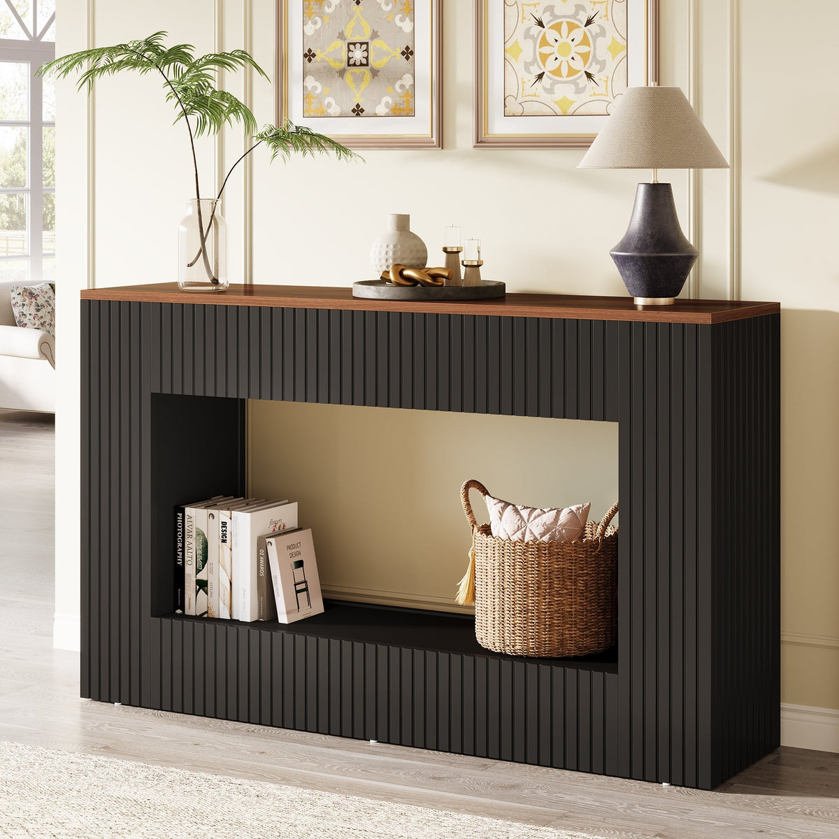 55" Console Table, Wood Entryway Table Sofa Table with Storage