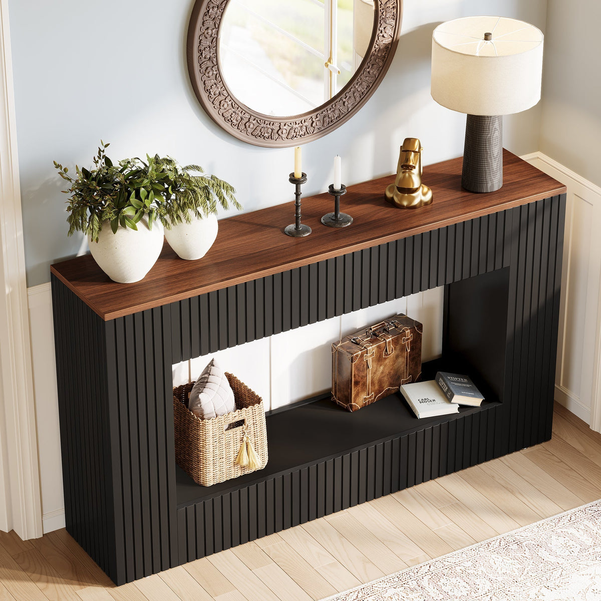 55" Console Table, Wood Entryway Table Sofa Table with Storage