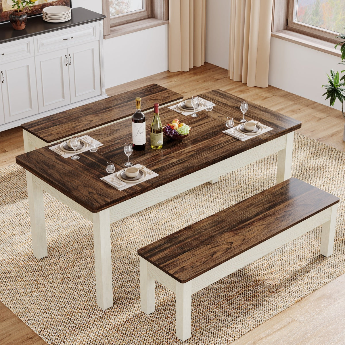 55" Dining Table Set, 3 Pieces Wood Kitchen Table with 2 Benches