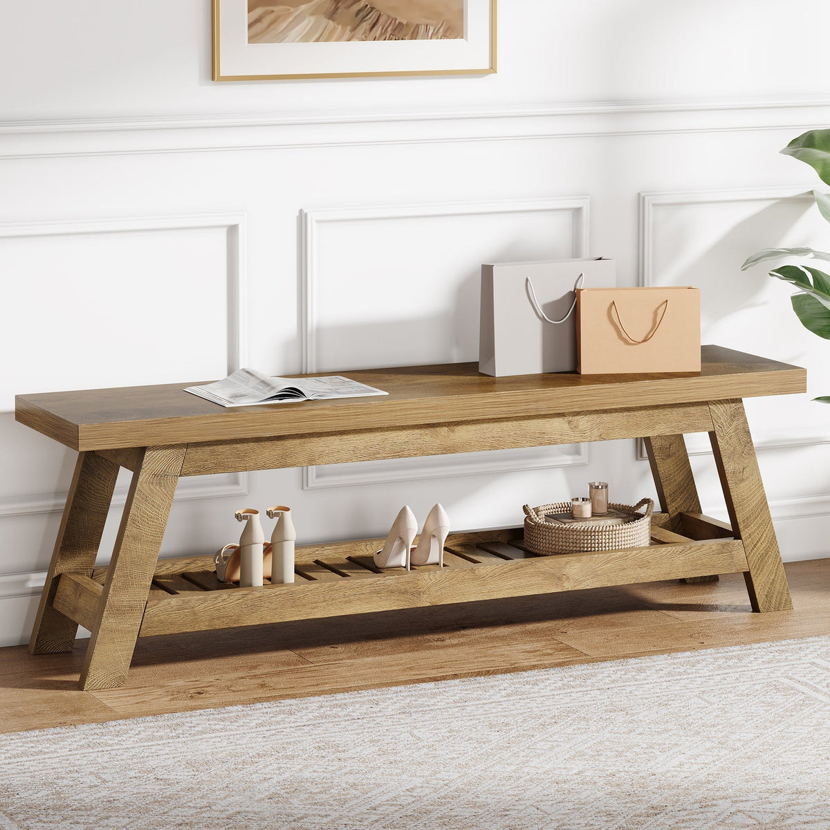 55" Entryway Bench, 2-Tier Foyer Seating Bench with Shoe Storage