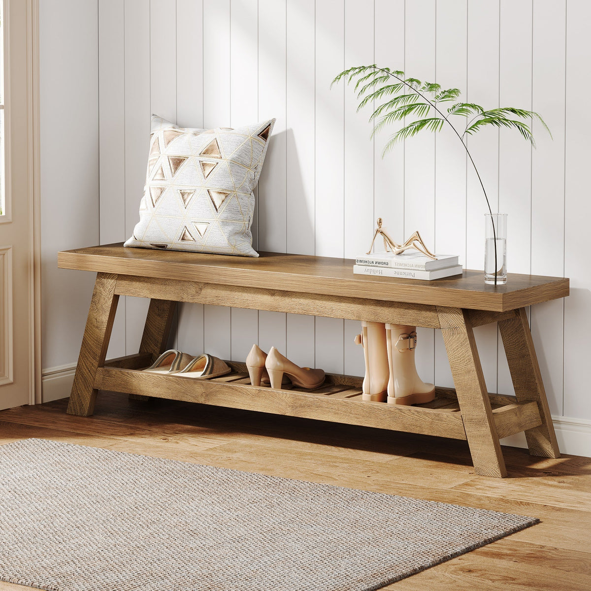 55" Entryway Bench, 2-Tier Foyer Seating Bench with Shoe Storage